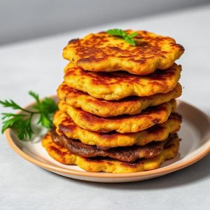 Stack of golden brown fried potato pancakes stacked on a plate with parsley garnish outdoors.