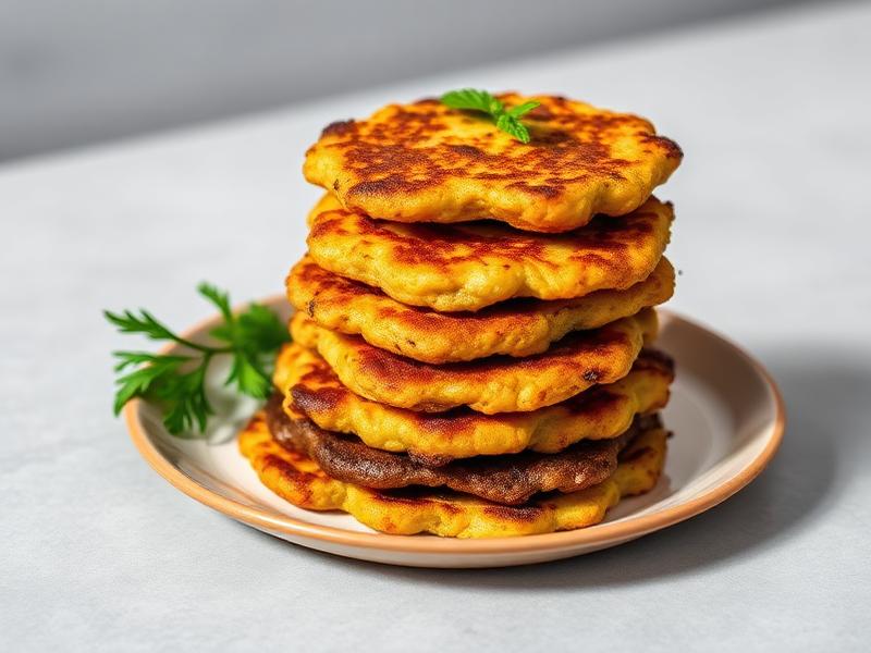 Stack of golden brown fried potato pancakes stacked on a plate with parsley garnish outdoors.