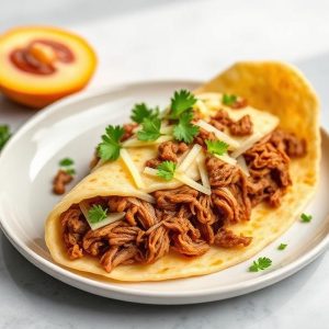 Beef taco on a soft tortilla topped with cheese and cilantro on a white plate, with a halved peach in the background.
