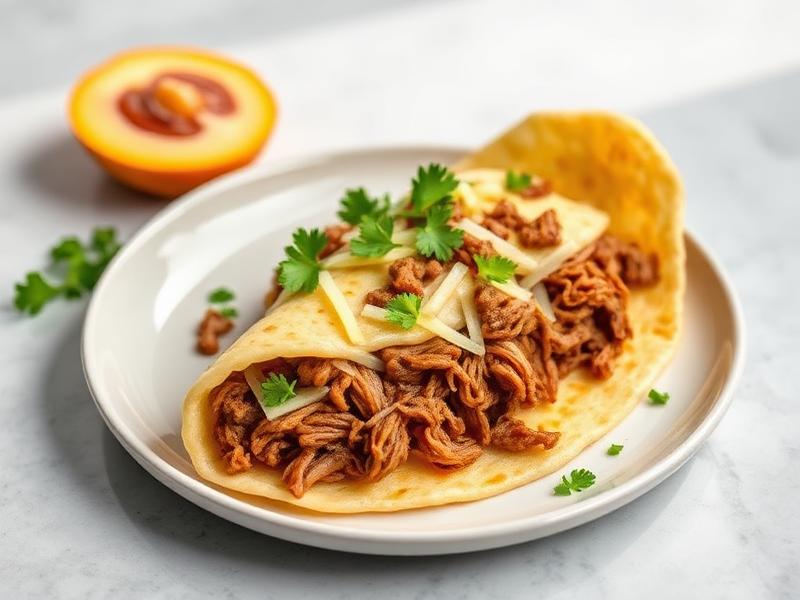 Beef taco on a soft tortilla topped with cheese and cilantro on a white plate, with a halved peach in the background.