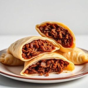Three beef and bean–filled empanadas on a plate, one cut open to reveal the savory filling.