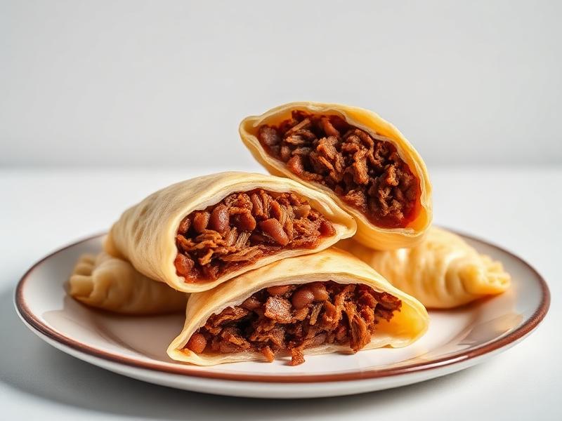 Three beef and bean–filled empanadas on a plate, one cut open to reveal the savory filling.