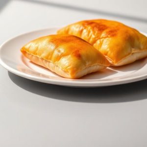 Two golden, baked pastries resting on a white plate atop a light gray surface.