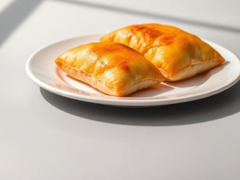Two golden, baked pastries resting on a white plate atop a light gray surface.