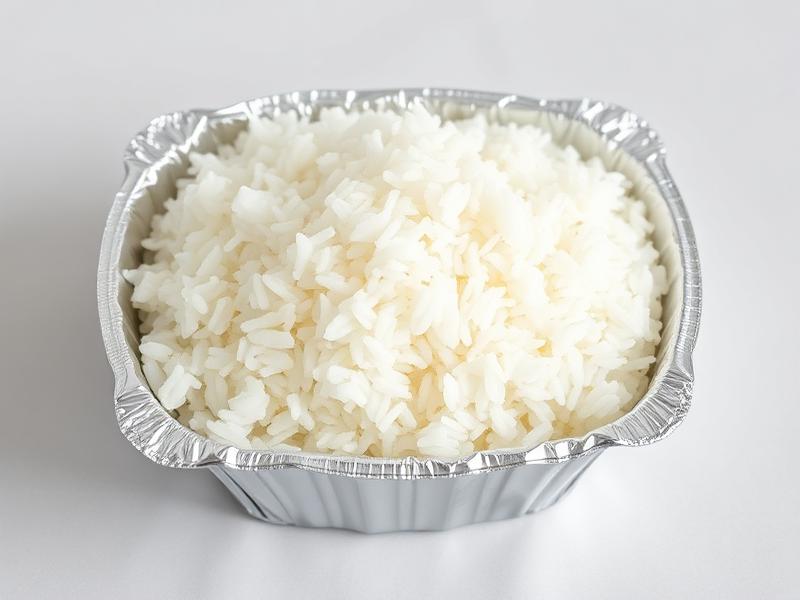 Aluminum takeout container filled with fluffy white rice.