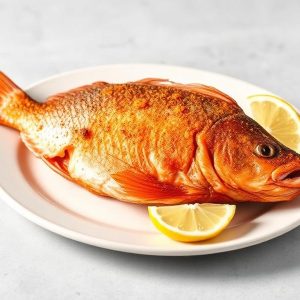Whole cooked red fish on a white plate with lemon wedges, ready to serve