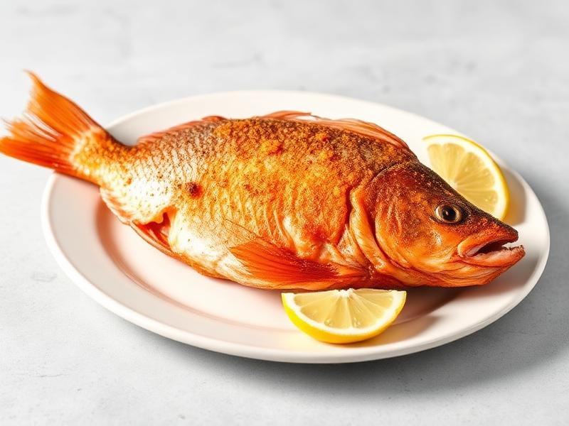 Whole cooked red fish on a white plate with lemon wedges, ready to serve
