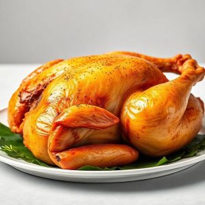 Golden brown roasted whole chicken on a white plate, garnished with herbs on the side.
