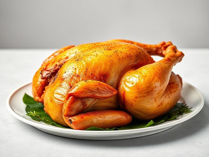 Golden brown roasted whole chicken on a white plate, garnished with herbs on the side.