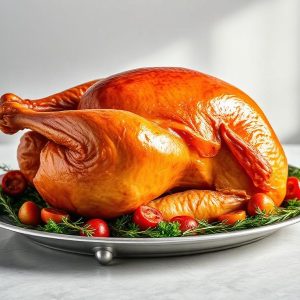 Golden roasted turkey on a silver platter surrounded by rosemary and cherry tomatoes
