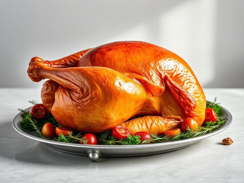 Golden roasted turkey on a silver platter surrounded by rosemary and cherry tomatoes