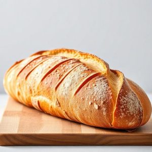 Loaf of crusty bread resting on a wooden cutting board on a light background.
