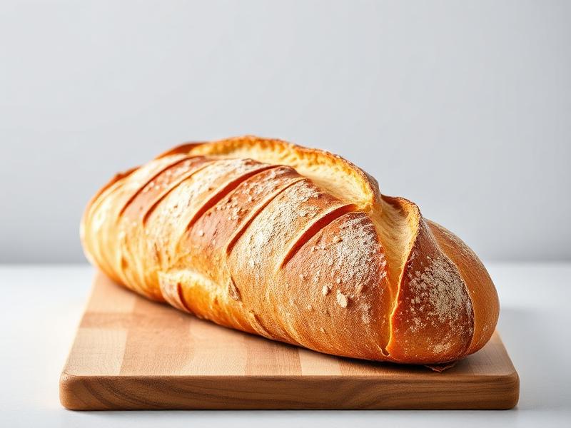 Loaf of crusty bread resting on a wooden cutting board on a light background.