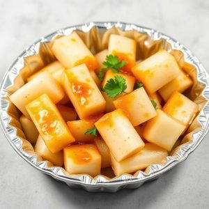 Cubed paneer in orange glaze, garnished with cilantro, served in a foil pie pan.