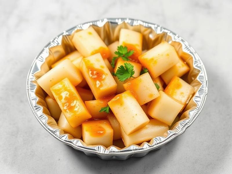 Cubed paneer in orange glaze, garnished with cilantro, served in a foil pie pan.