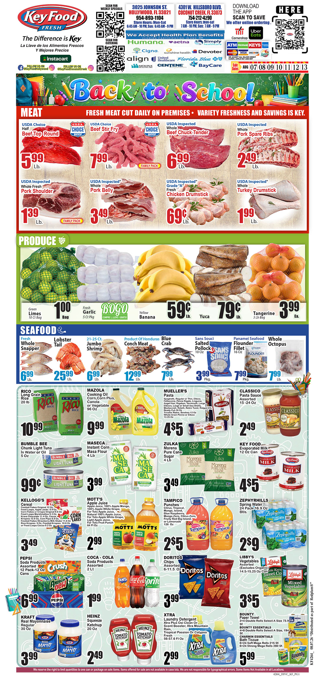 Full-page grocery ad flyer featuring Key Food brands, meat, produce, seafood with prices.