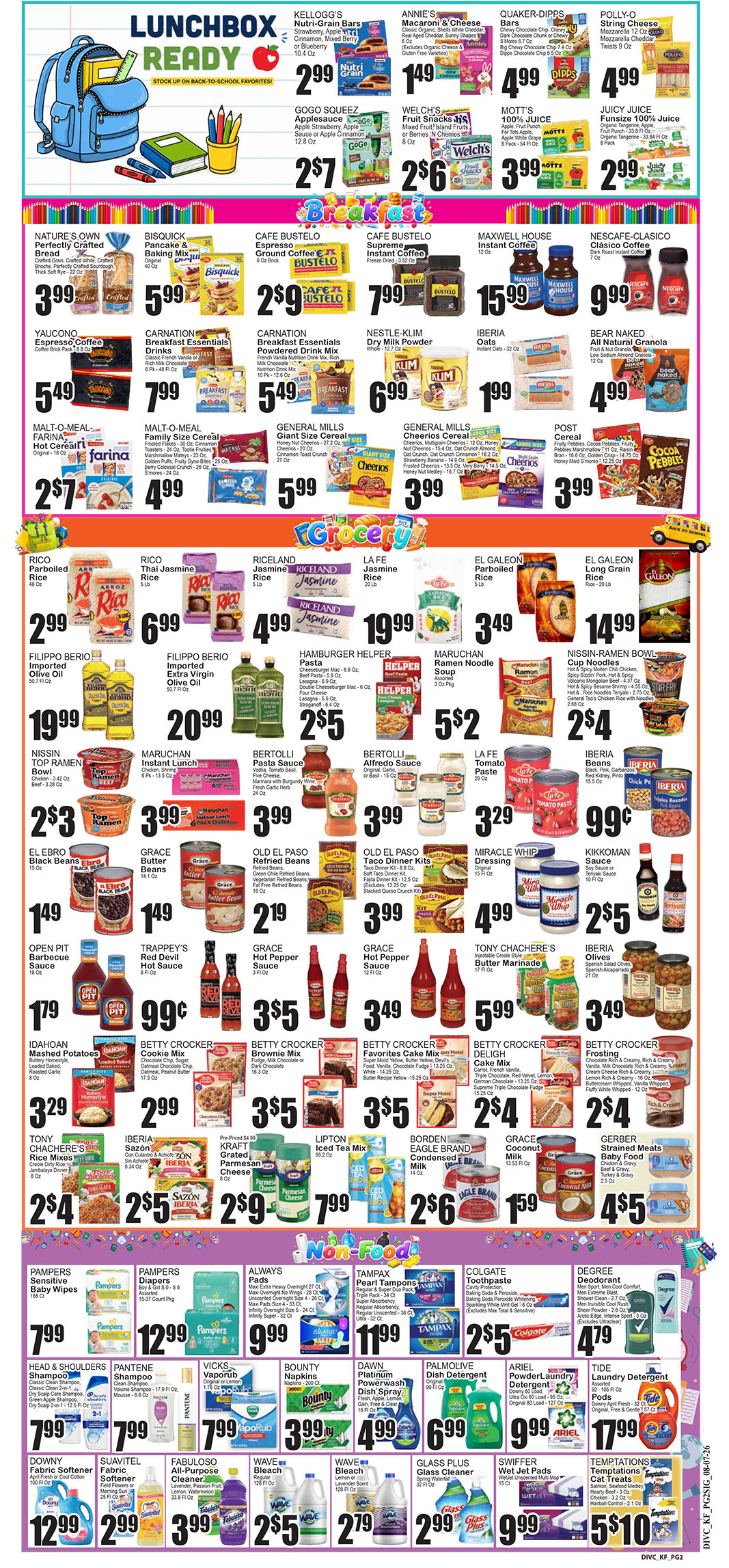 Colorful grocery store flyer showing lunchbox and breakfast specials with prices at top and many product images throughout.