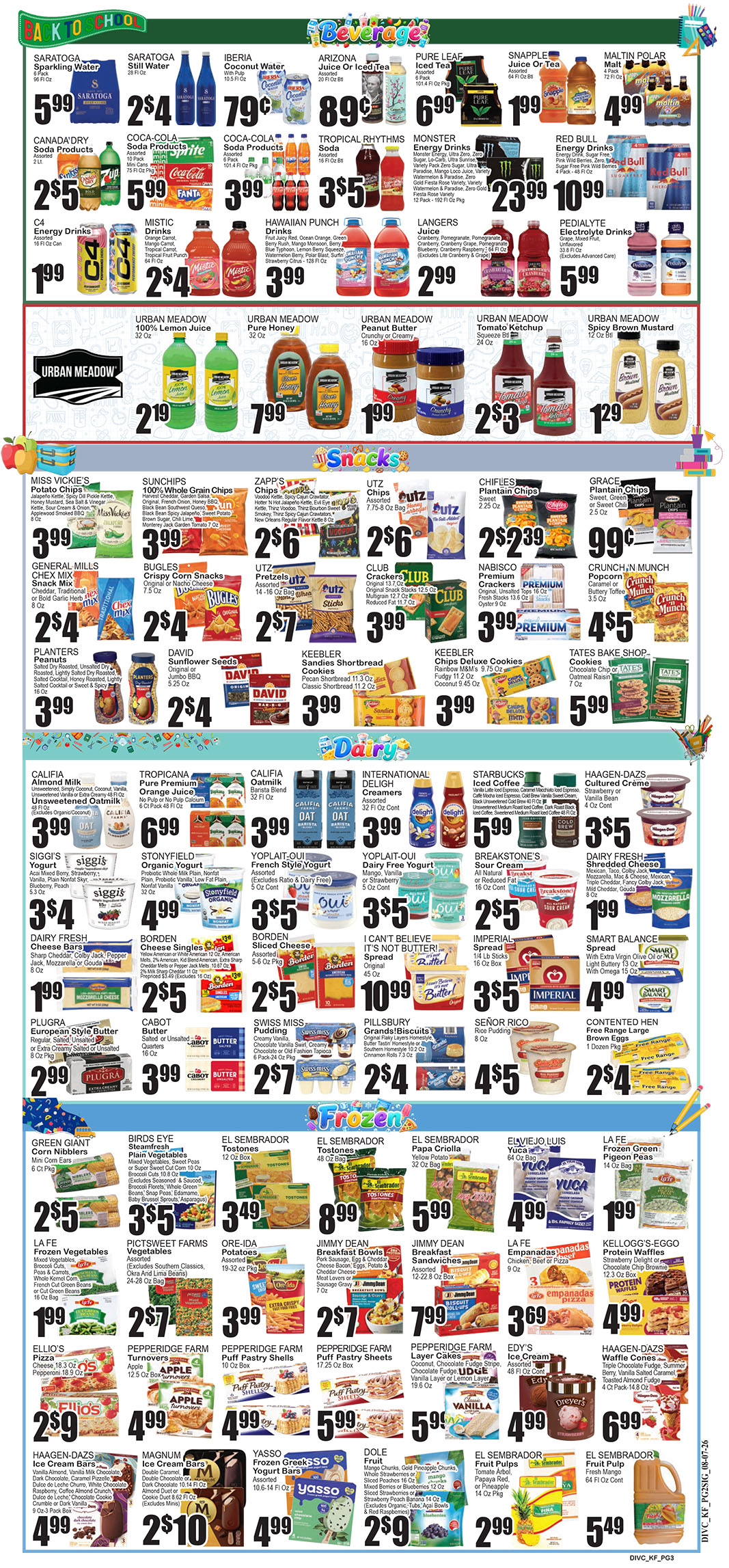 Colorful grocery store sale flyer showing beverages, snacks, dairy, and frozen foods with prices."