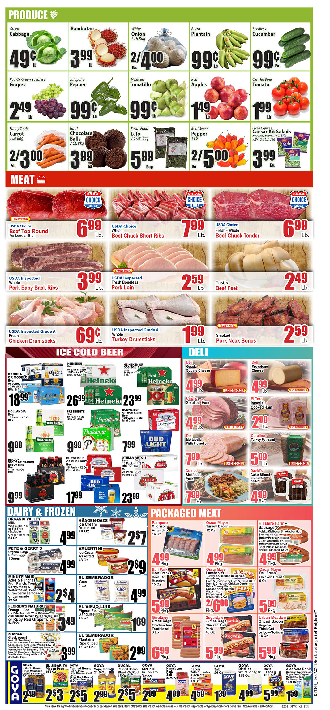 Full-page grocery ad showing Produce, Meat, Beer, Deli, Dairy & Frozen with prices and product images.
