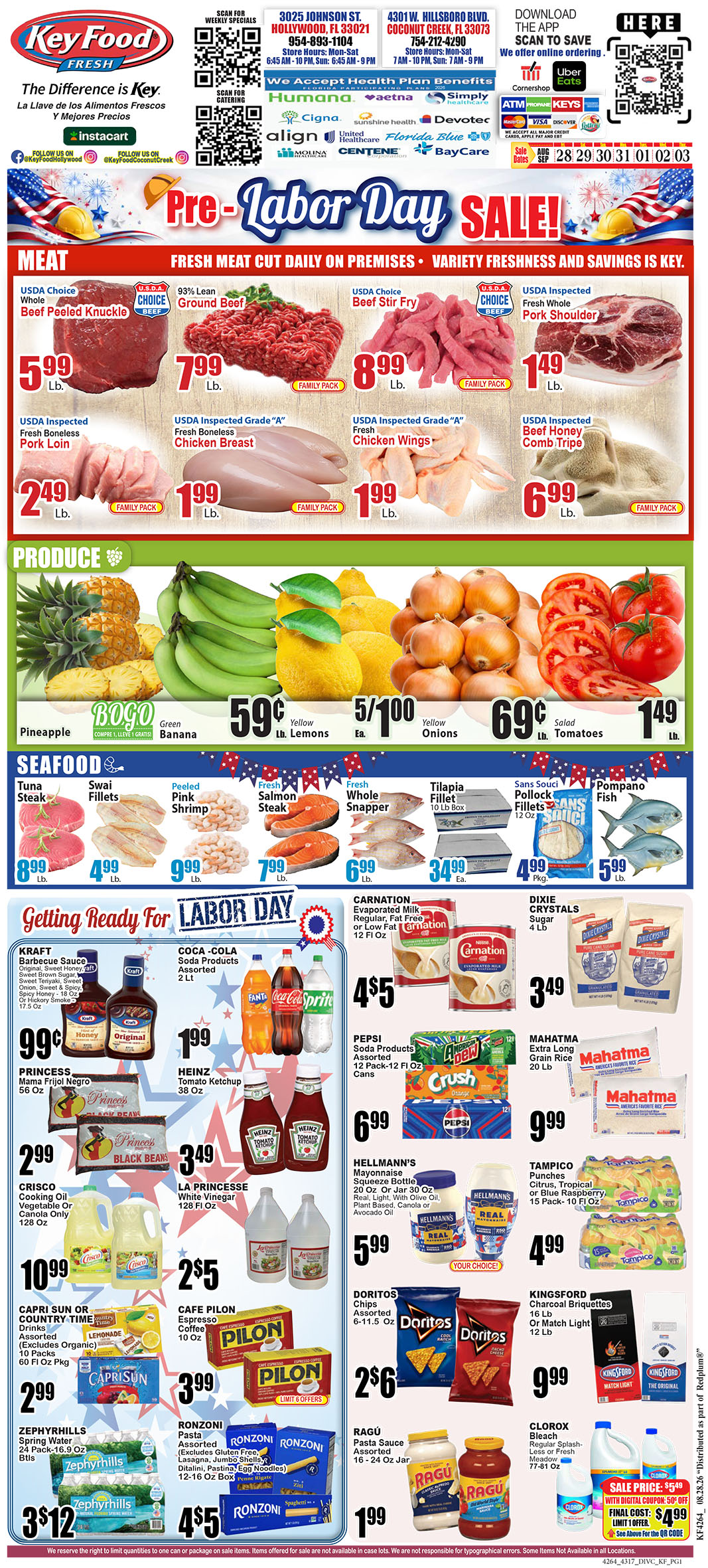 Full-page grocery ad flyer featuring Key Food brands, meat, produce, seafood with prices.