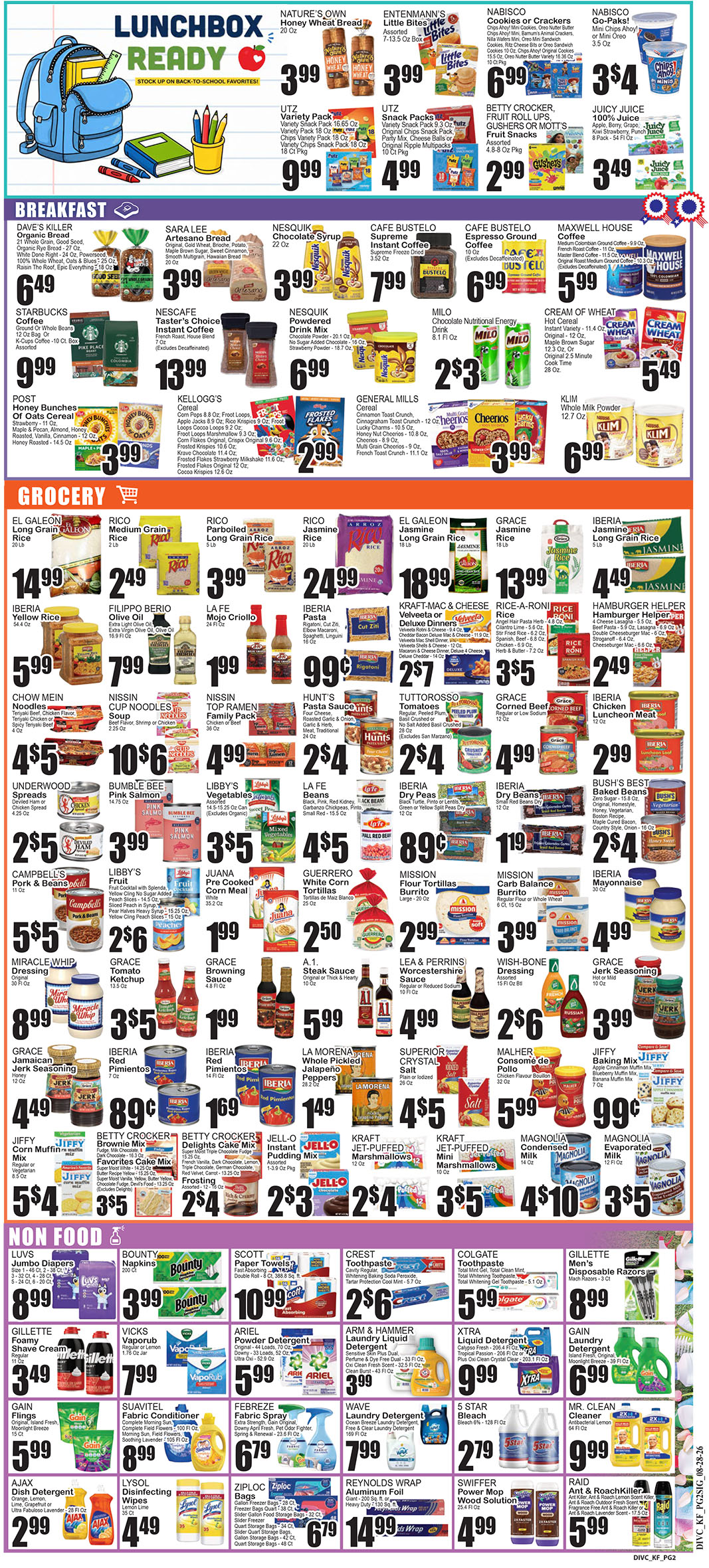 Colorful grocery store flyer showing lunchbox and breakfast specials with prices at top and many product images throughout.