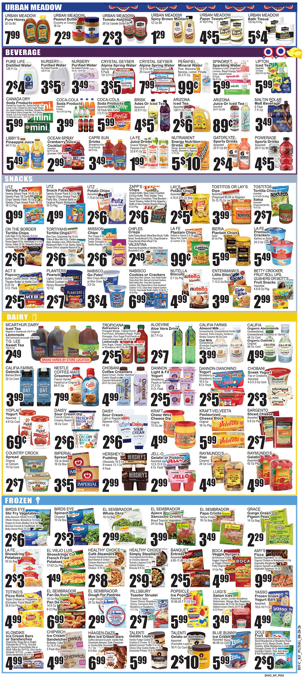 Colorful grocery store sale flyer showing beverages, snacks, dairy, and frozen foods with prices."