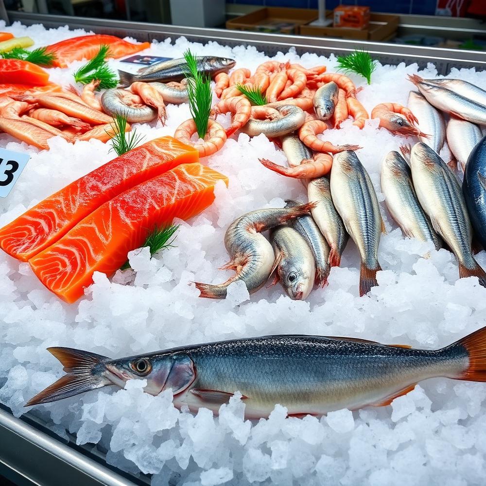 dept-seafood-CtsU0hVX Assorted fresh seafood on crushed ice at a market: salmon fillets, shrimp, and small fish with green garnish on display.