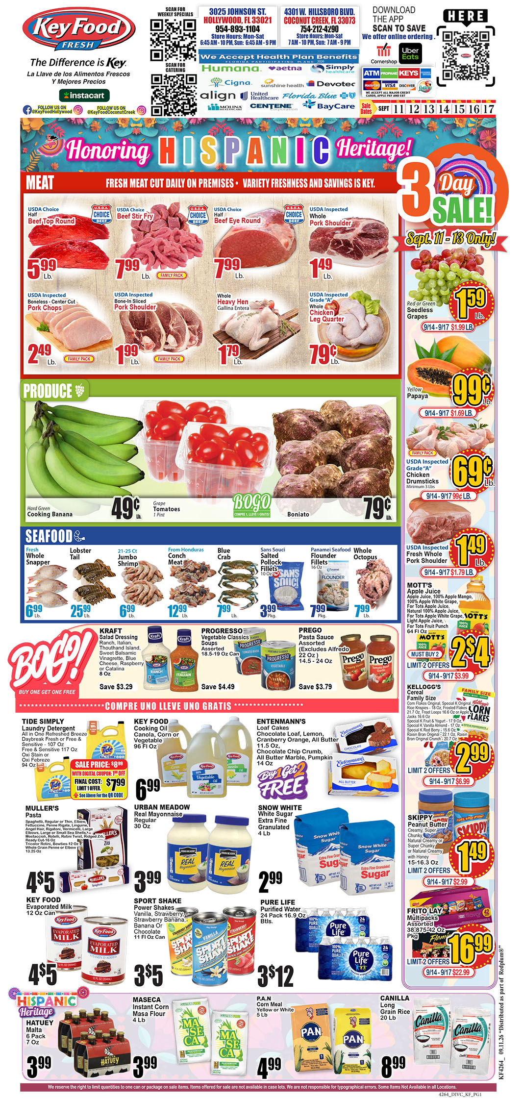 Full-page grocery ad flyer featuring Key Food brands, meat, produce, seafood with prices.