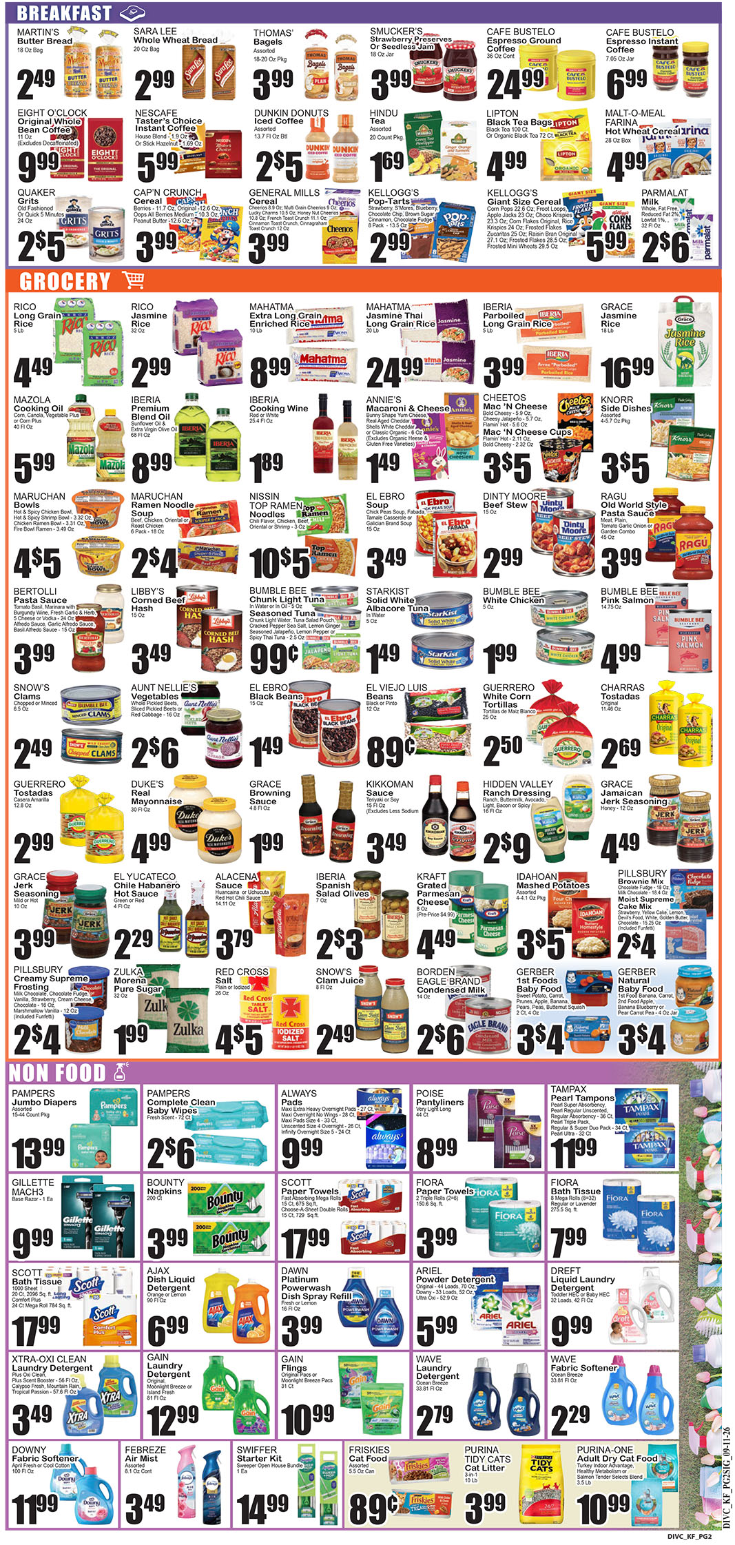 Colorful grocery store flyer showing lunchbox and breakfast specials with prices at top and many product images throughout.