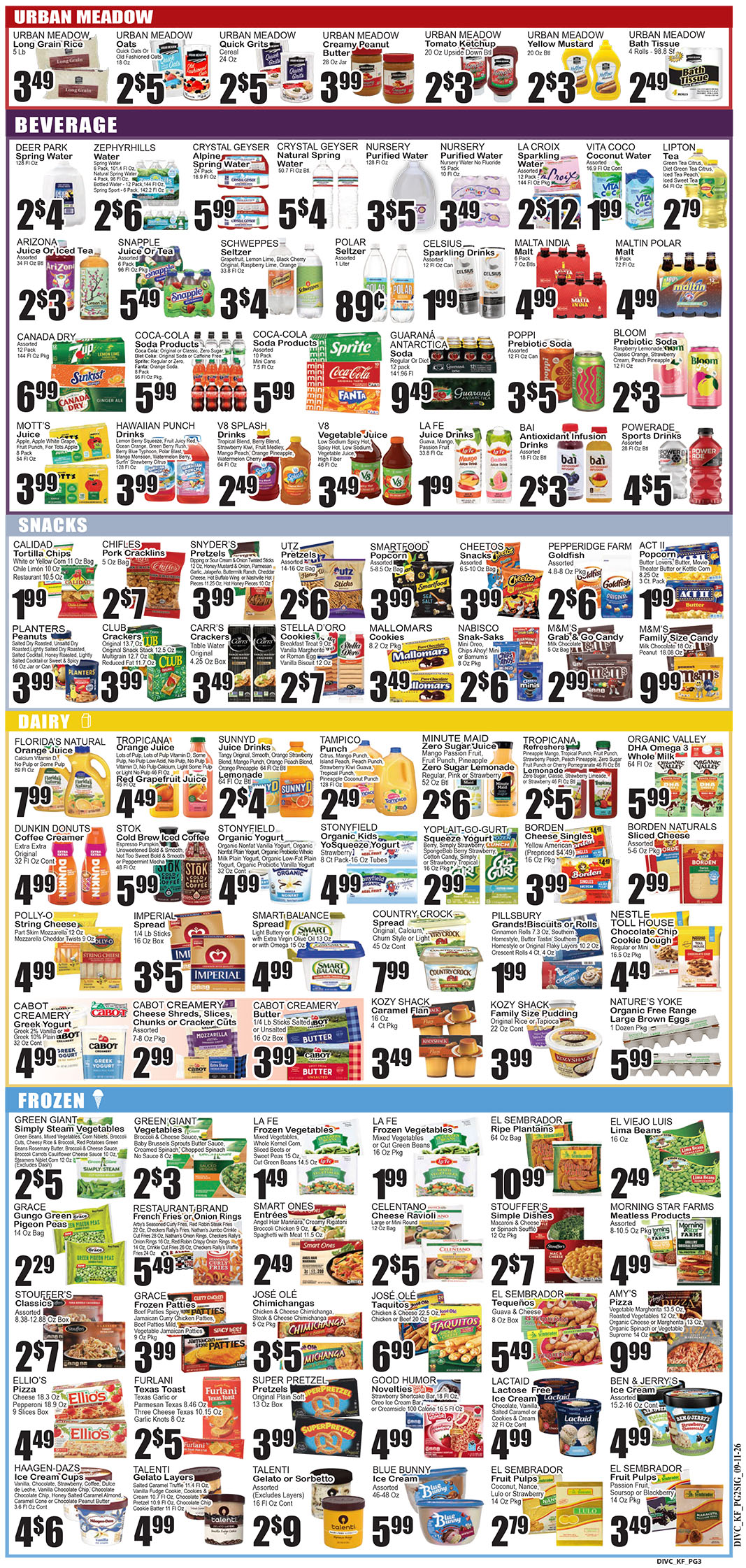 Colorful grocery store sale flyer showing beverages, snacks, dairy, and frozen foods with prices."