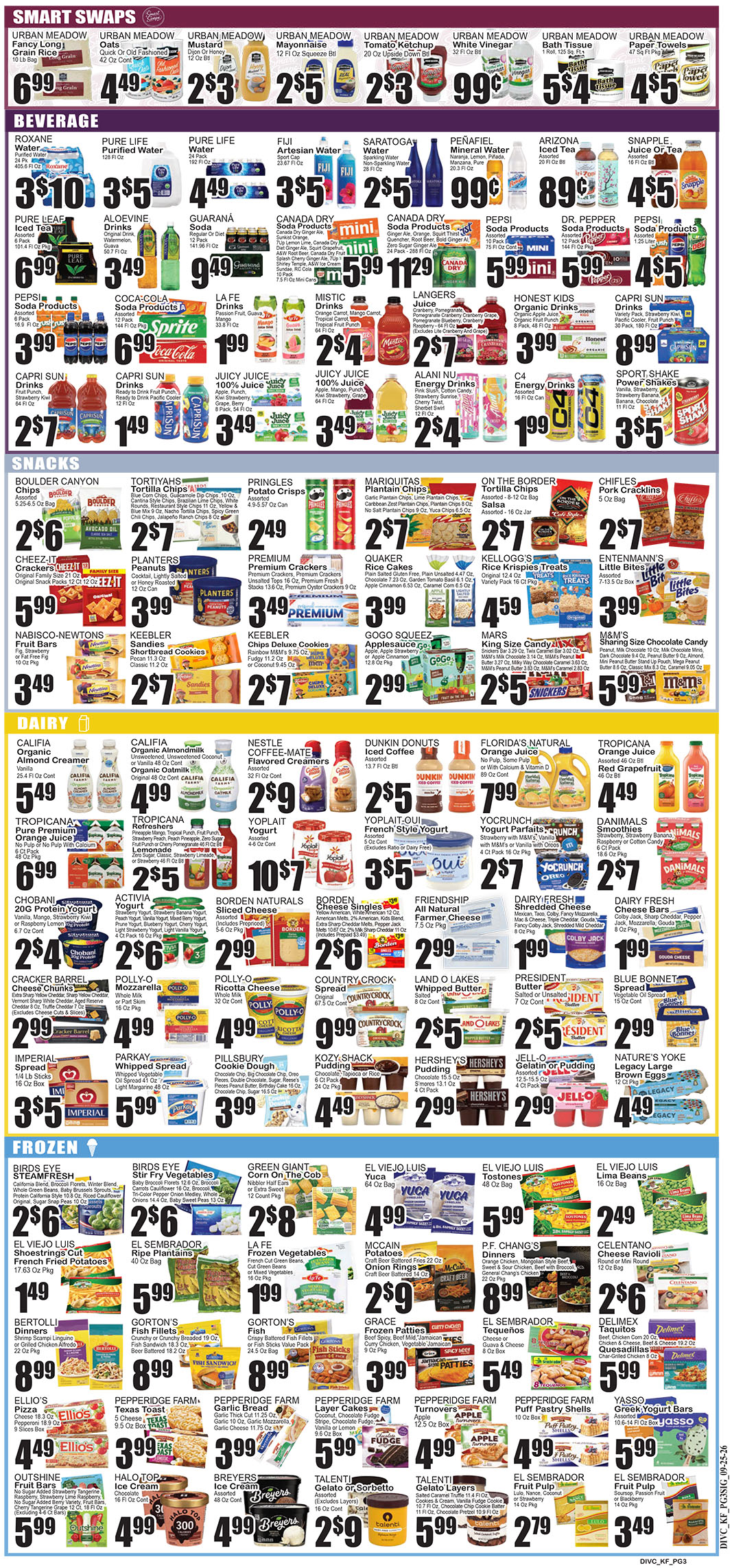 4264_4317_KEY FOOD_09-25-26 -3 copy Colorful grocery store sale flyer showing beverages, snacks, dairy, and frozen foods with prices."
