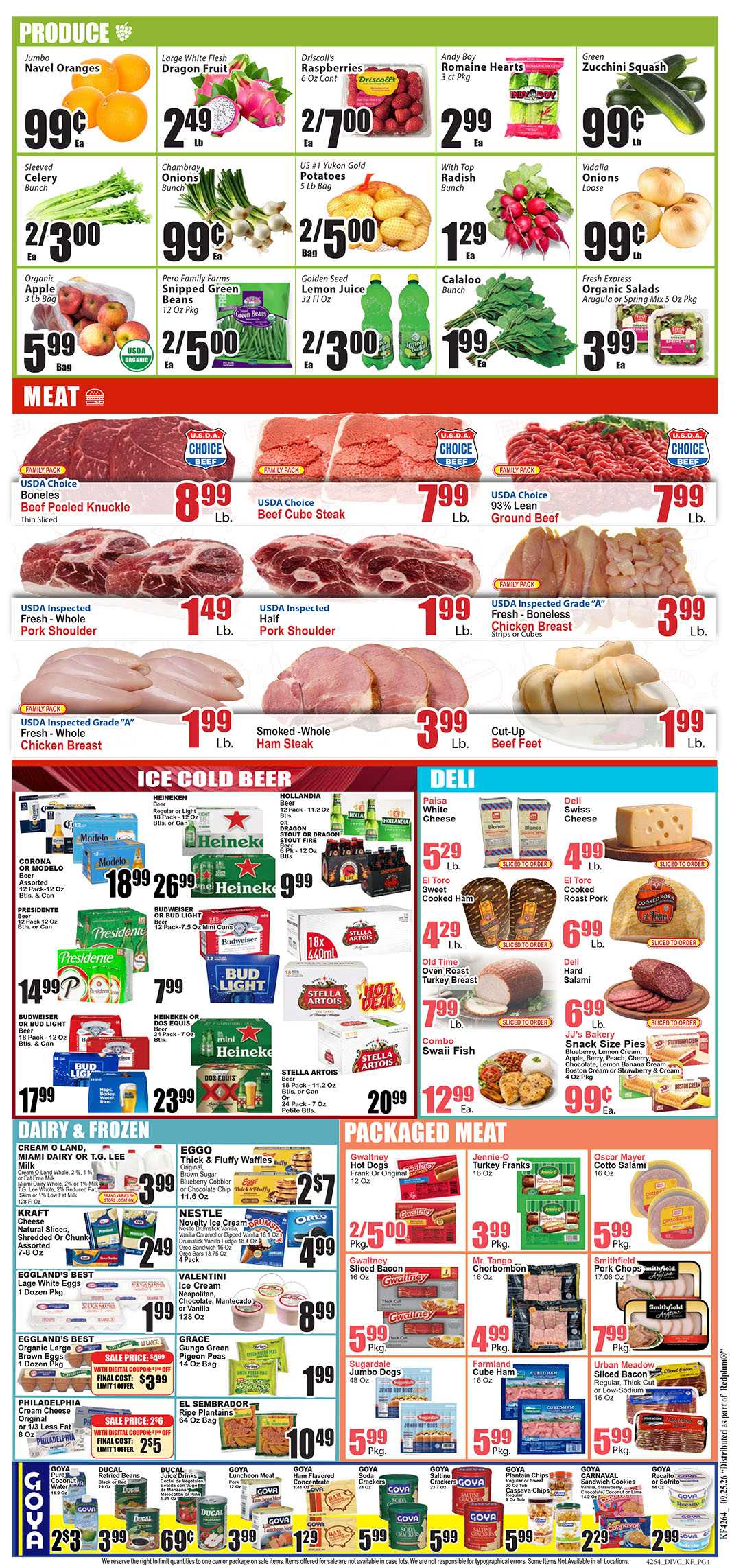 4264_4317_KEY FOOD_09-25-26 -4 copy Front page of a grocery store flyer showing produce and meat with prices listed in bold.
