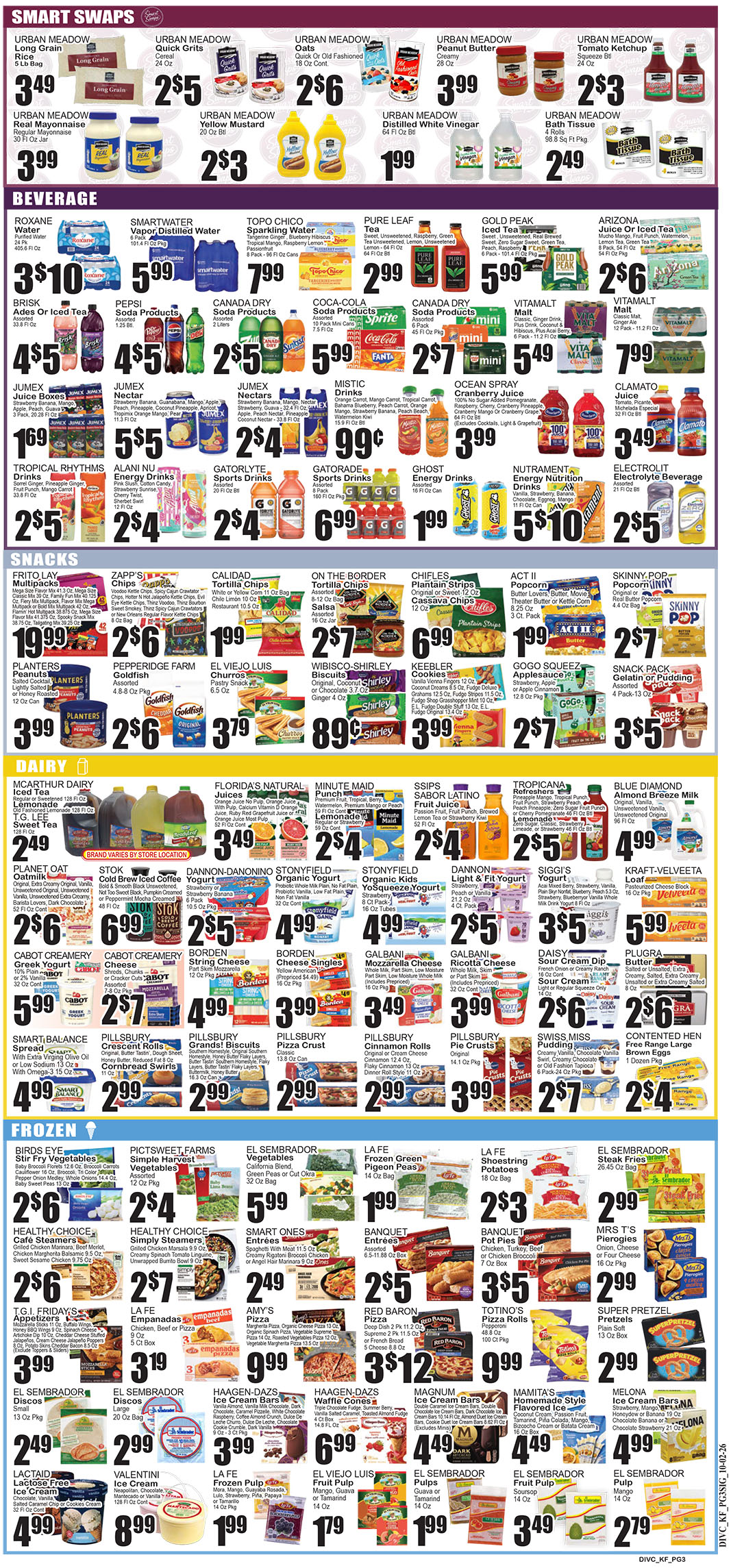 4264_4317_KEY FOOD_10-02-26 -3 copy Colorful grocery store sale flyer showing beverages, snacks, dairy, and frozen foods with prices."
