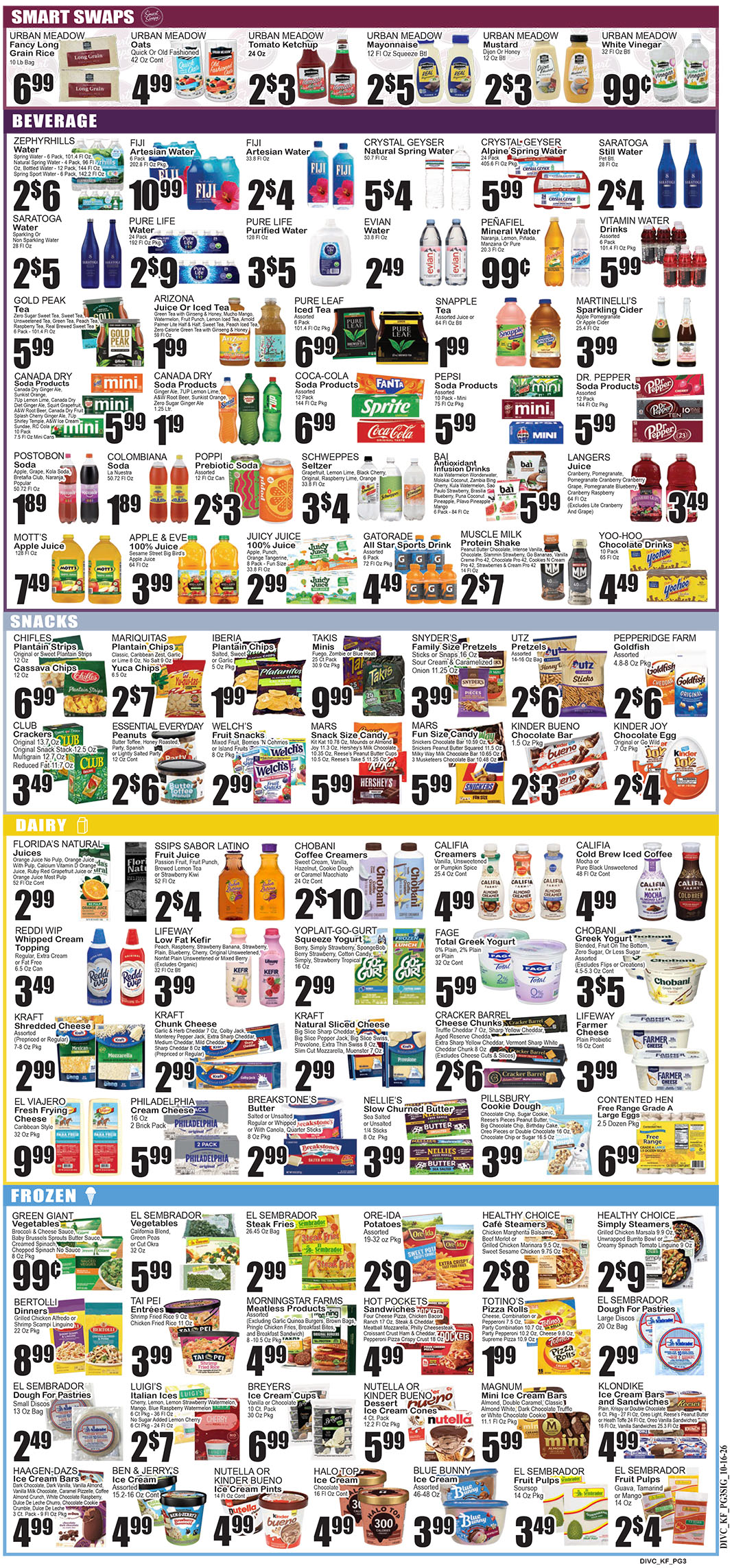 4264_4317_KEY FOOD_10-16-26 -3 copy Colorful grocery store sale flyer showing beverages, snacks, dairy, and frozen foods with prices."